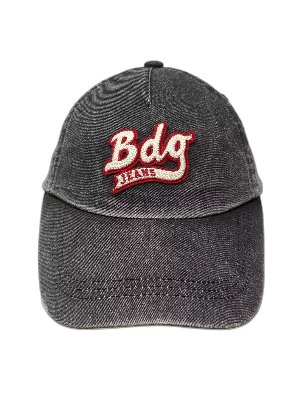 BDG 5 Panel Hat Gray Red OS Adjustable Faded Denim Jeans Embroidered Patch
